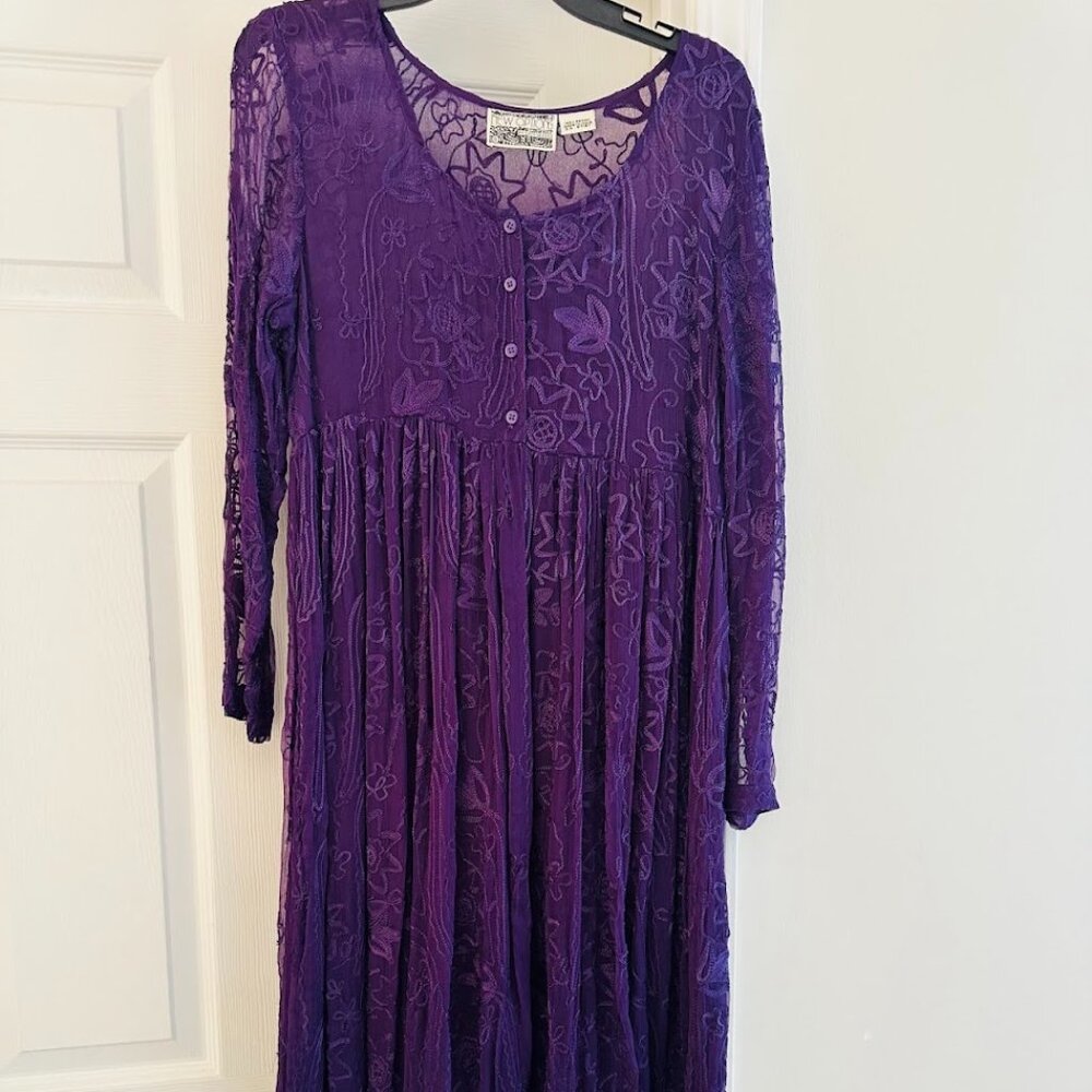 VNTG Kate Geddes Purple Sheer Embridered Long Sleeve Maxi Dress Sz S Whimsigoth